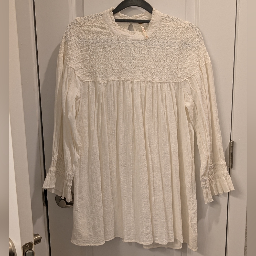 Free People Cream Smocked Long Sleeve Blouse